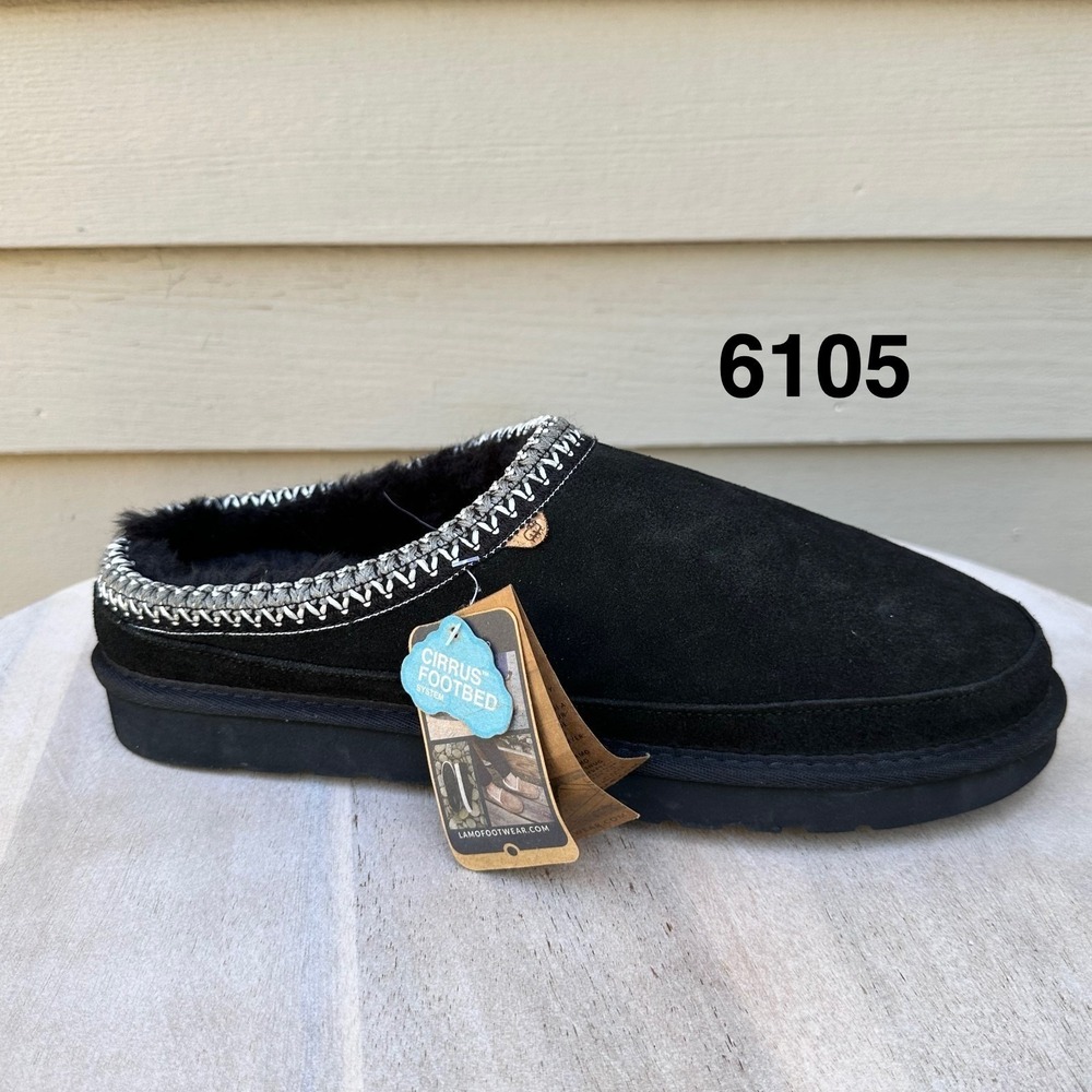 Lamo Serene Womens Black Suede Slipper Scuff Embroidered Braid NEW